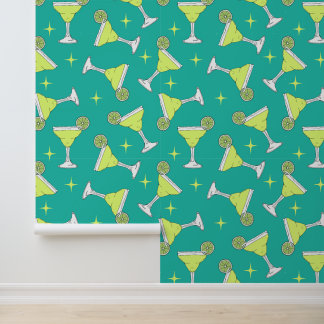 Margarita Cocktails Patterned Retro Blue Wallpaper