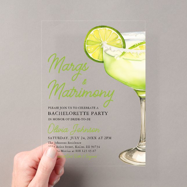 Margarita Margs & Matrimony Cocktail Bachelorette Acrylic Invitations (Insitu (Handheld))