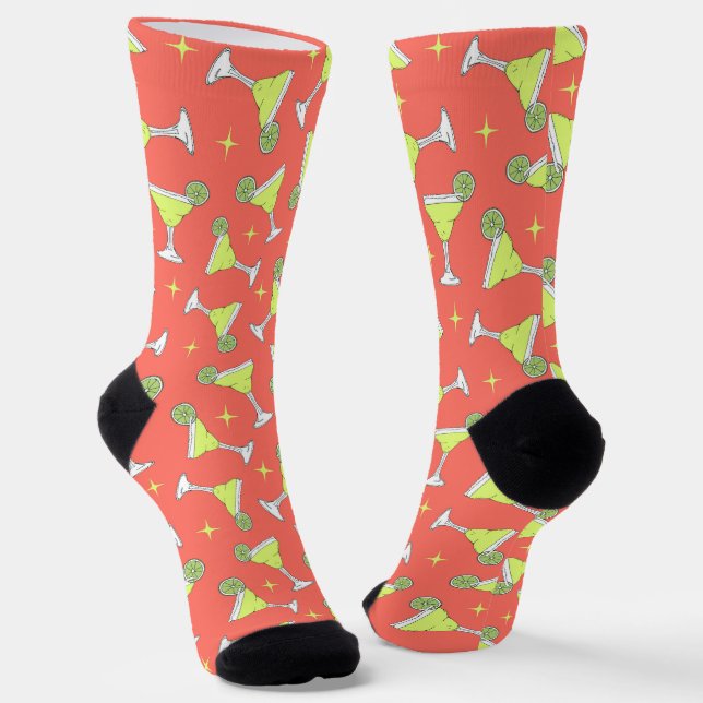Margarita Retro Cocktails Patterned Coral Pink Socks (Angled)