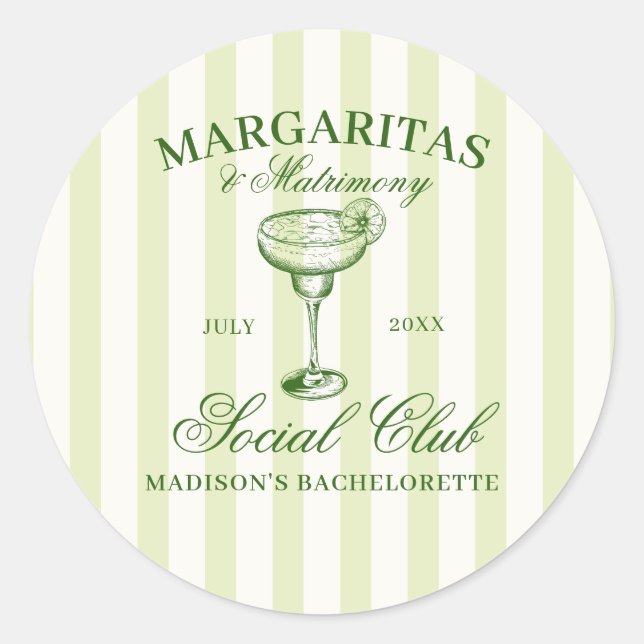 Margaritas and Matrimony Green Striped Classic Round Sticker (Front)