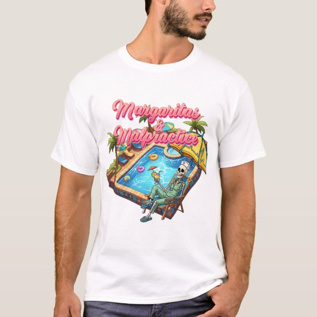 Margaritas & Malpractice- Skeleton RN Summer Pool  T-Shirt (Front)