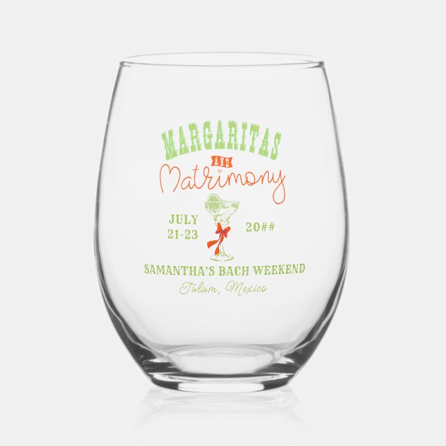 Margaritas & Matrimony Tulum Bachelorette Party Stemless Wine Glass (Front)