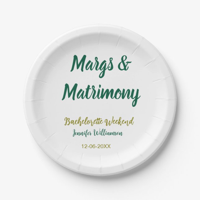 Margs and matrimony add name date bachelorette par paper plate (Front)