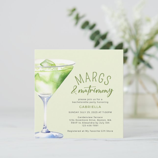 Margs and Matrimony Cocktail Bachelorette Party Invitation (Standing Front)