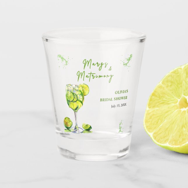 Margs and Matrimony Cocktail Bridal Shower Shot Glass (Front)