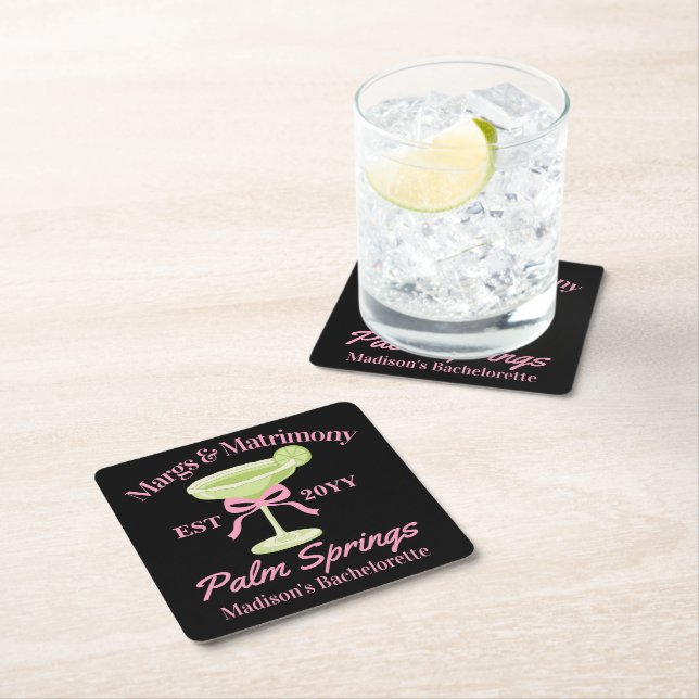 Margs and Matrimony Margaritas Bachelorette Party Square Paper Coaster (Insitu)