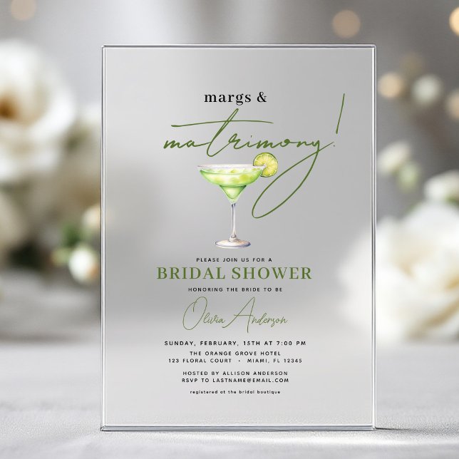 Margs and Matrimony Modern Bridal Shower  Acrylic Invitations (Creator Uploaded)