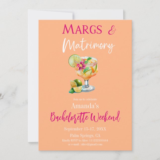 Margs and Matrimony Tequila & Fiesta Bachelorette  Invitation (Front)