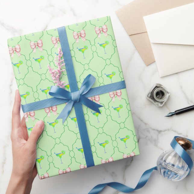Margs Matrimony Green Pink Bow Shower Bachelorette Wrapping Paper (Gifting)