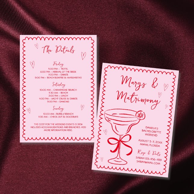 Margs & Matrimony Hand Drawn Bachelorette Weekend Invitation (Margs & Matrimony Hand Drawn Bachelorette Weekend Invitation handwritten scribble doodles pink red)