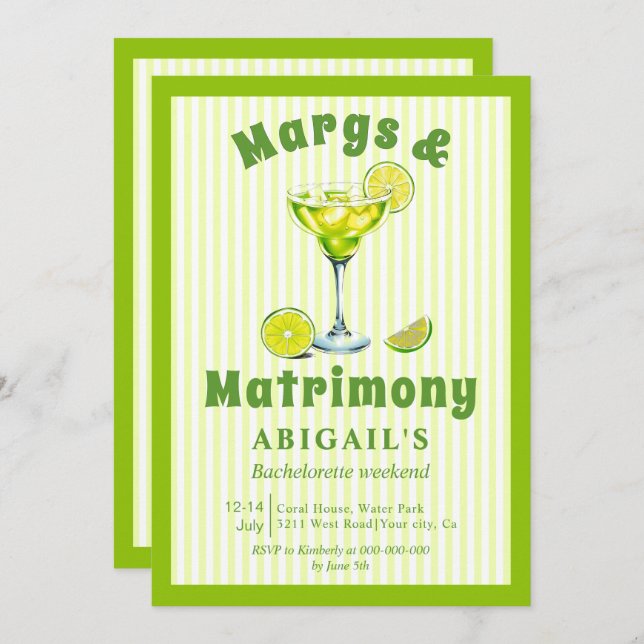 Margs & Matrimony lime green bachelorette weekend Invitation (Front/Back)