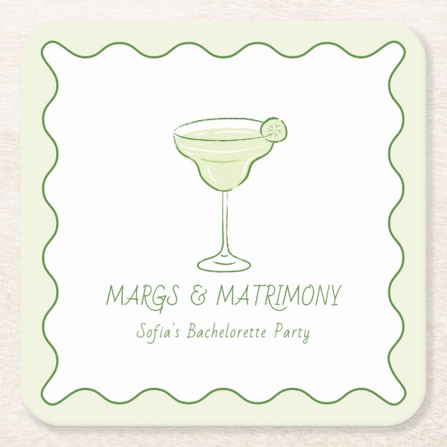 "Margs & Matrimony" Modern Lime Bachelorette Party Square Paper Coaster (Front)