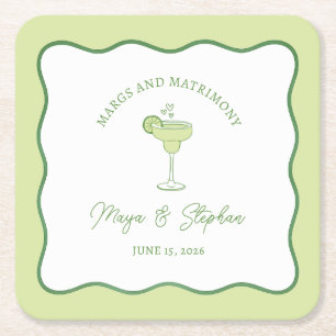 "Margs & Matrimony" Simple Lime Margarita Wedding Square Paper Coaster