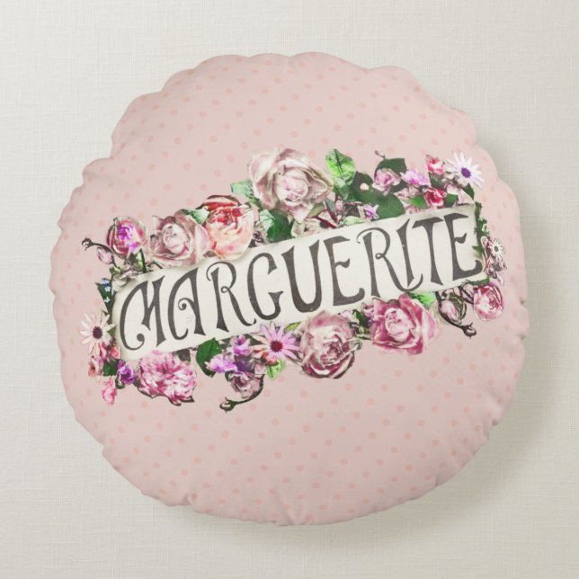Marguerite Name Pretty Girly Floral Baby Shower Round Pillow (Front)