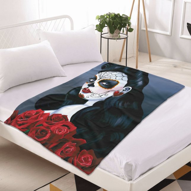 Maria Sugar Skull Red Roses Fleece Blanket (Creator Uploaded)