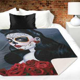 Maria Sugar Skull Red Roses  Sherpa Blanket