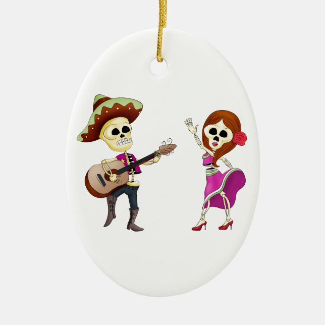 Mariachi Dancing Day of the Dead Couple Ceramic Ornament (Front)