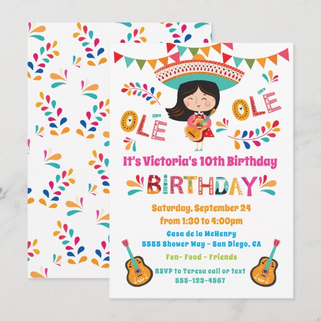 Mariachi Girl Mexcian Fiesta Birthday Party Invitation (Front/Back)