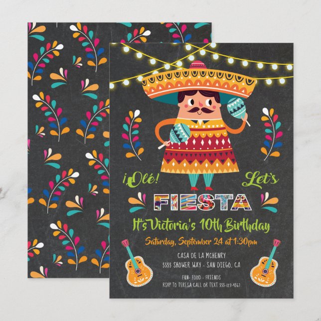 Mariachi Mexcian Fiesta Invitation de fête d'anniv (Devant / Derrière)