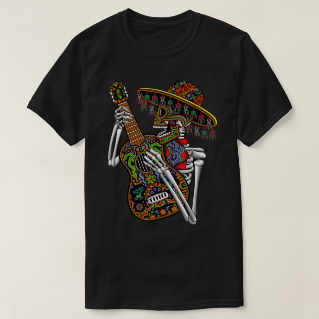 Mariachi Skeleton Playing Guitar Day Of The Dead T-Shirt (Design Front)
