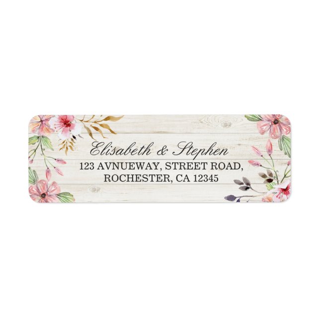 Mariage Adresse Aquarelle Fleur rose Bois rustique (Devant)