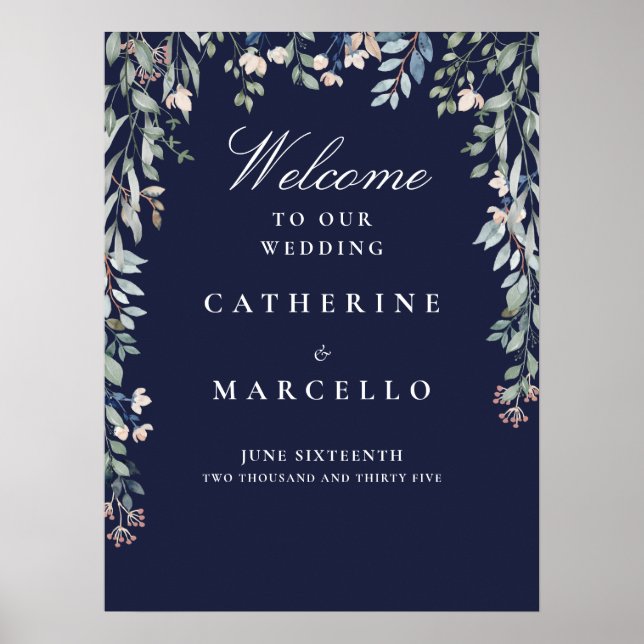 Mariage Affiche de bienvenue en cascade bleu marin (Devant)