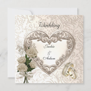 Mariage Antique Floral Rose Crème Beige Invitation