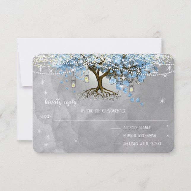 Mariage Bell Blue Heart Leaf Tree RSVP (Devant)