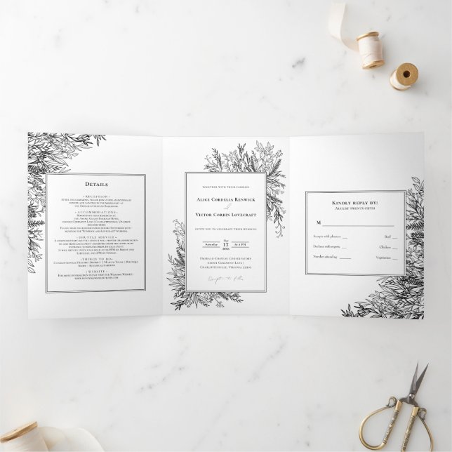 Mariage blanc noir vert triple invitation (Intérieur)
