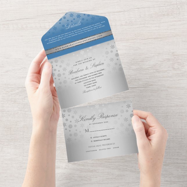 Mariage Bleu Argent Tout en une invitation (Déchirure)