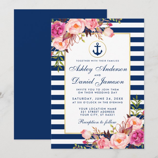Mariage Bleu Bleu Bleu Bleu Bleu Invitation Rose (Devant / Derrière)