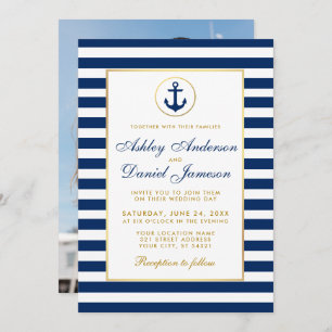 Mariage Bleu Bleu Bleu Rayures Invitation BG Photo