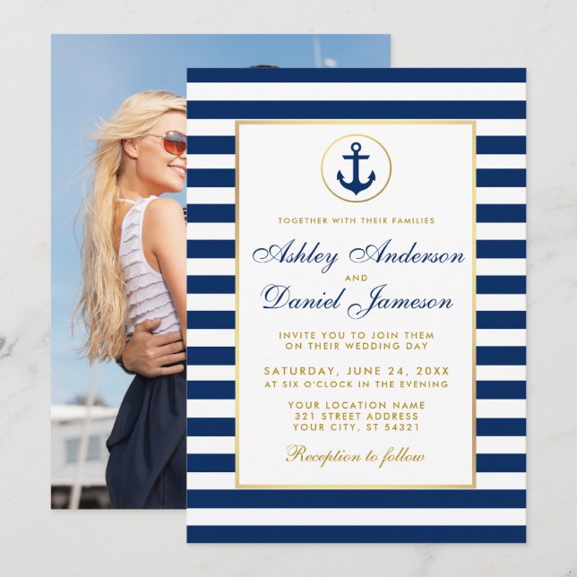 Mariage Bleu Bleu Bleu Rayures Invitation BG Photo (Devant / Derrière)