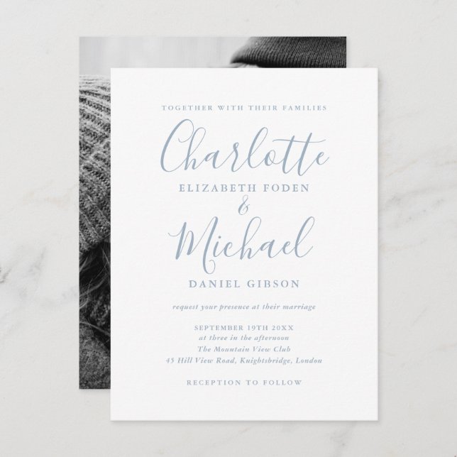 Mariage bleu foncé Signature Script Invitation (Devant / Derrière)