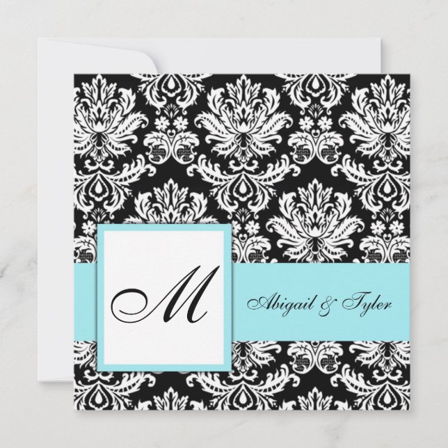 Mariage bleu Monogramme Damask Invitation (Devant)