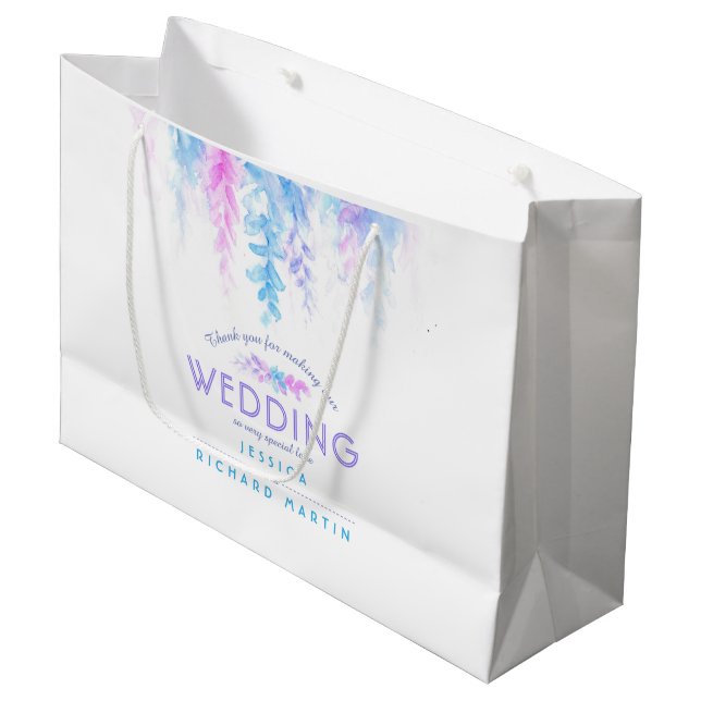 Mariage bleu rose fleurs merci grand sac cadeau (Devant Angle)
