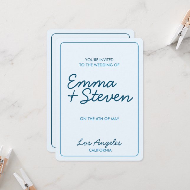 Mariage Blue Modern Invitation (Devant/Arrière en situation)