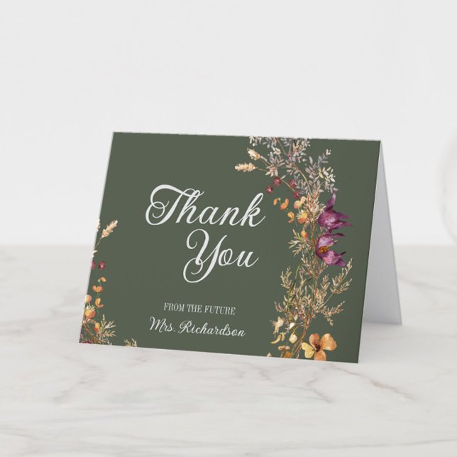 Mariage Bohème Floral Automnal Cartes Pliées (Fall Bridal Shower Thank You Cards from the Future Mrs., Green Wildflower Floral, Autumn Flowers)