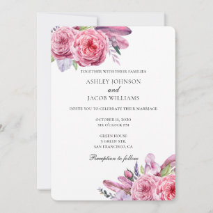 Mariage bohème. Invitation florale rose. Plumes