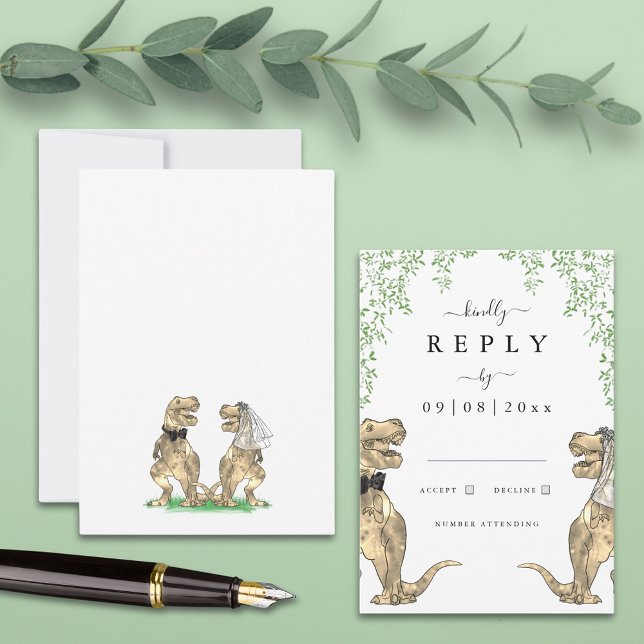 Mariage Botanique des Mariés Dinosaures Réponse (T-Rex bride and groom botanical dinosaur wedding invitation rsvp enclosure card)