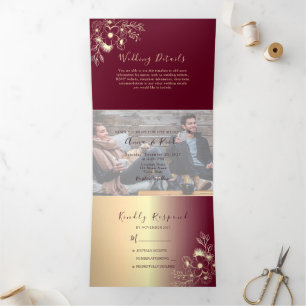 Mariage Bourgogne Or Invitation Tri-Fold