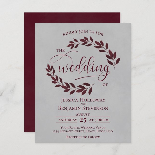 Mariage BUDGET Rustique Feuille Bourgogne Grey (Devant / Derrière)