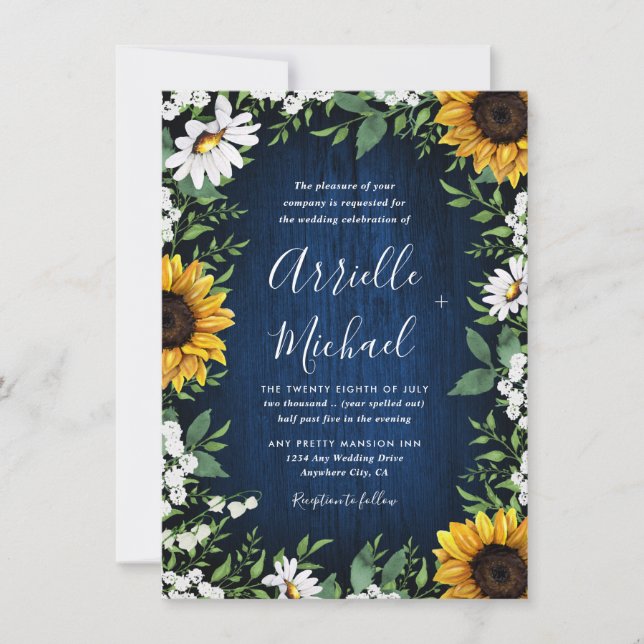 Mariage campagnard Royal Blue Sunflower Invitation (Devant)