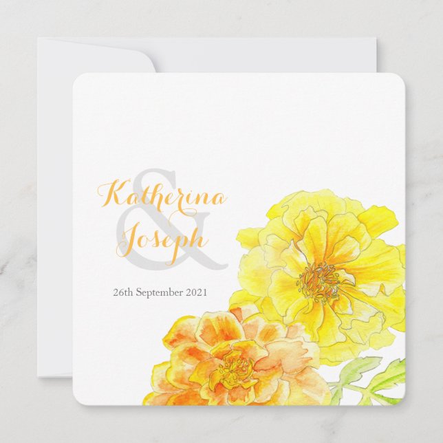 Mariage carré marigolds aquarelle jaune invitation (Devant)