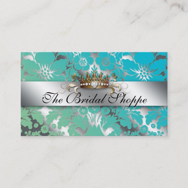 Mariage Carte de visite Damask Floral Silver Crown (Devant)