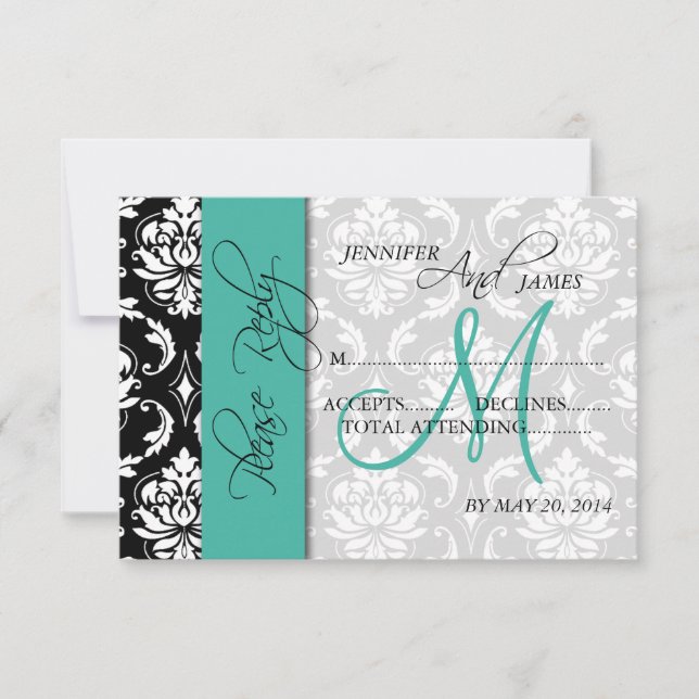 Mariage Carte RSVP Damask Turquoise Noms initiaux (Devant)