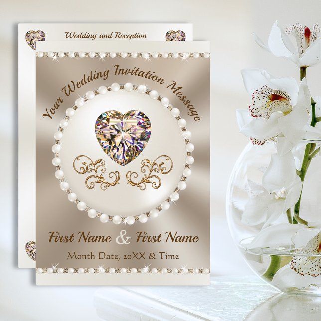 Mariage Champagne et Taupe, invitations de mariage (Champagne and ivory wedding. Diamond and pearls invitations. Champagne wedding motif. Heart Diamond.)