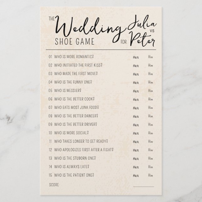 Mariage Chaussure Jeu Questions Papier Rustique (Devant)