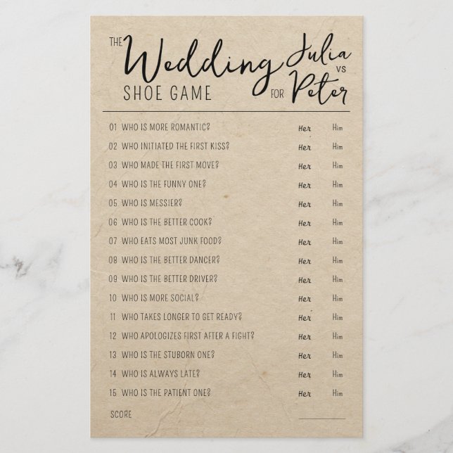 Mariage Chaussure Jeu Questions Papier Rustique (Devant)
