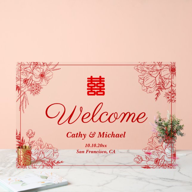 Mariage chinois cadre fleuri rouge oriental accuei (Mariage)
